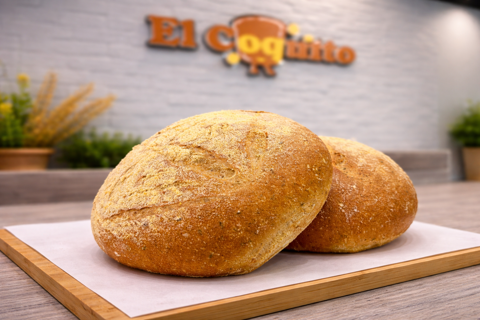 Pan recién horneado sobre tabla de madera